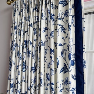 Blue Floral Cotton Blend Curtain Panels, Beautiful Custom Curtains And Drapes, Available In Extra Long Length image 4