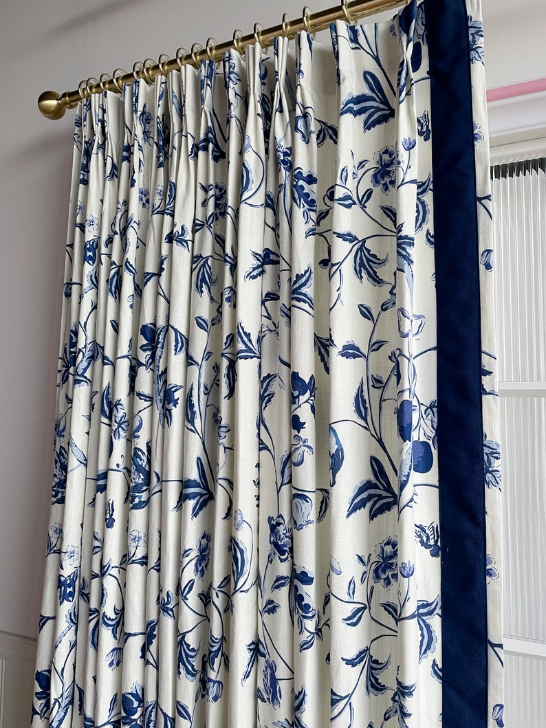 Blue Floral Cotton Blend Curtain Panels, Beautiful Custom Curtains And Drapes, Available In Extra Long Length image 4