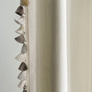 White Cotton Linen Curtain Panels With Tassels, Ready To Ship, Sample Sale, Pair Of Finished Size 25Wx99L image 4