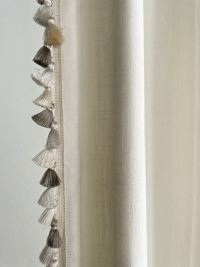 White Cotton Linen Curtain Panels With Tassels, Ready To Ship, Sample Sale, Pair Of Finished Size 25Wx99L image 4