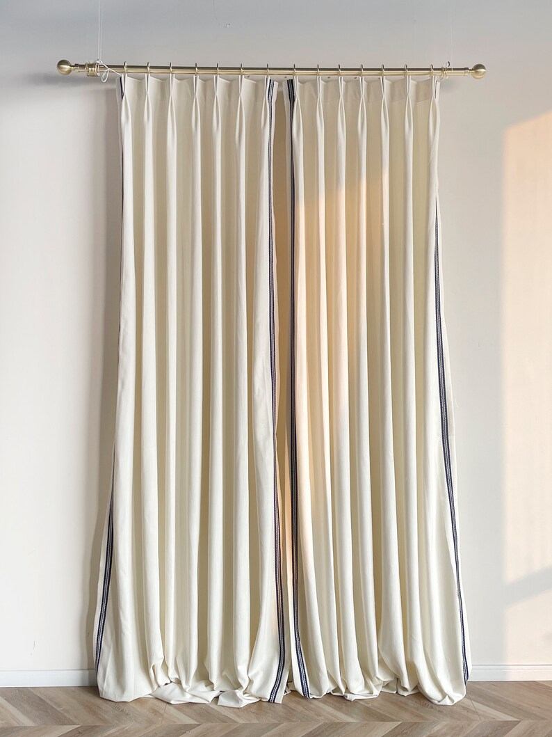 White Cotton Linen Curtain Panels With Double Trims Beautiful Etsy