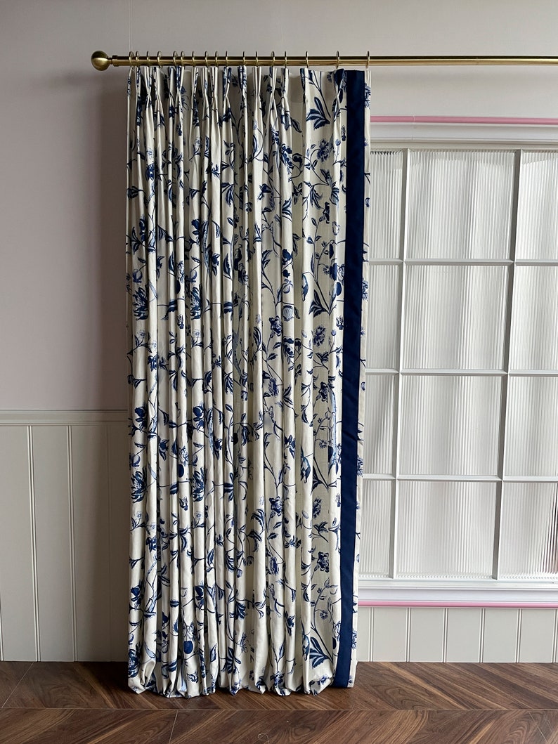 Blue Floral Cotton Blend Curtain Panels, Beautiful Custom Curtains And Drapes, Available In Extra Long Length image 3