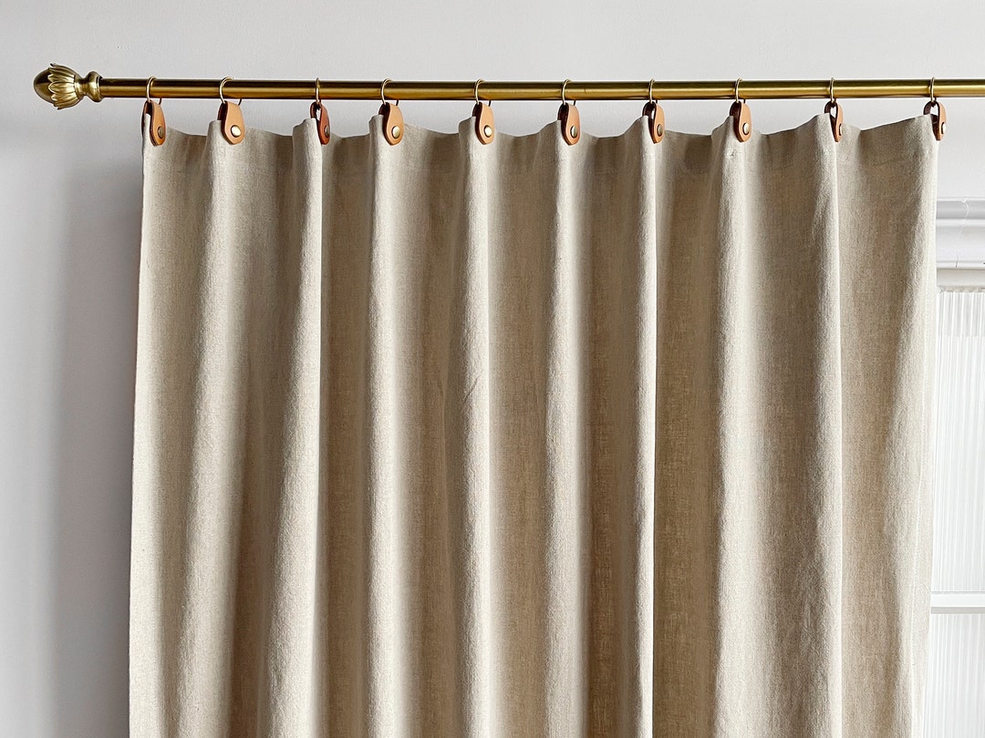 Natural Cotton Linen Curtain Panels With Leather Tab, Beautiful Custom