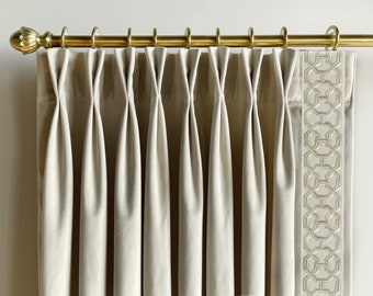 Beige Velvet Curtain Panels With Trims, Beautiful Custom Curtains And Drapes, Available In Extra Long Length