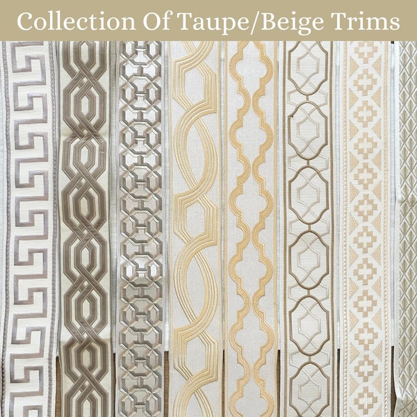 Beige Taupe Decorative Trims for Drapery, Curtain Tapes, Upholstery Ribbon, Pillow Border, Sold By The Yard