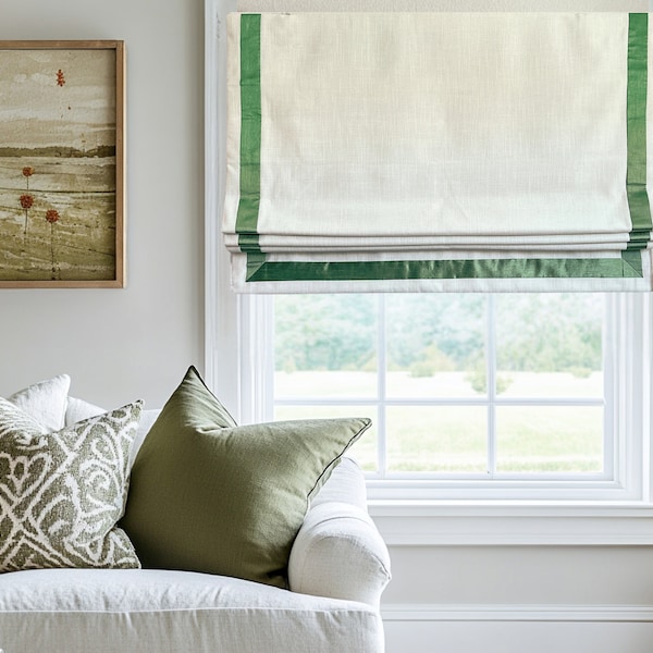 Off White Roman Shade With Green Trims And Lining, Window Blinds, Light Filtering, Custom Size Shades Available