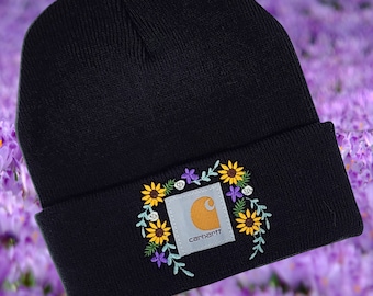 Black Beanie with Embroidered Sunflowers | Unique Embroidered Women's Winter Hat | Wife | Girlfriend | Mom hat