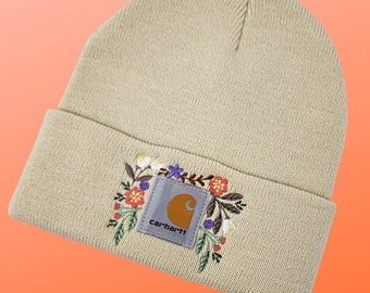 Beige Beanie with Embroidered Beautiful Flowers | Unique Embroidered Women's Winter Hat | Wife | Girlfriend | Mom hat
