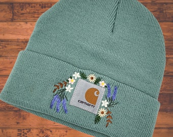 Lavender and Daisy Embroidered beanie | Unique Embroidered Women's Winter Hat | Wife | Girlfriend | Mom hat