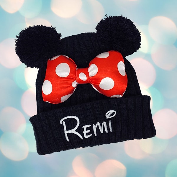 Personalized Embroidered BABY/TODDLER Size Mouse Ear Beanie | Double Pom | Unique Embroidered Hat | Baby Girl | Toddler | Embroidered Name