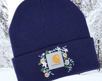 Navy Blue Flowery Embroidered beanie | Unique Embroidered Women's Winter Hat | Wife | Girlfriend | Mom hat