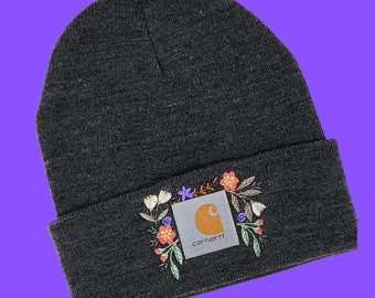 Charcoal Beanie with Embroidered Beautiful Flowers | Unique Embroidered Women's Winter Hat | Wife | Girlfriend | Mom hat