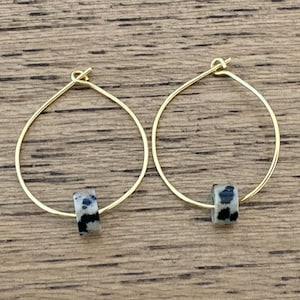 Mini Dalmatian Single Jasper Gemstone Gold Hoop Earrings | Small Size | Boho Minimalist Natural | Lightweight Earrings | Stone Earrings