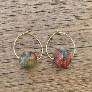 Mini Hoops Unakite Pink and Green Marbled Gemstone Gold Hoop Earrings | Boho Minimalist Natural | Lightweight Earrings | Stone Earrings