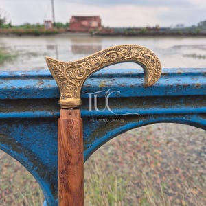 Antique Brass Handled Walking Stick - Handmade Vintage Nautical Wooden Cane, Brass Engraved Handle, Decorative Walking Stick
