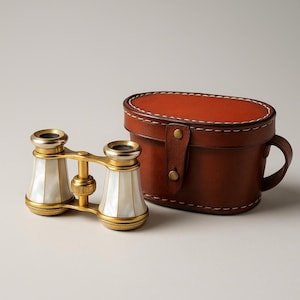 Antique Brass Opera Glasses: Mother of Pearl Handle, Leather Case