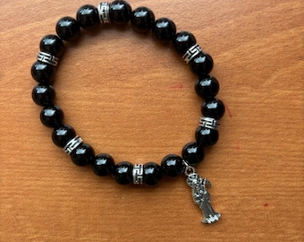 Obsidian Santa Muerte Charm Bracelet, Spiritual Protection Jewelry
