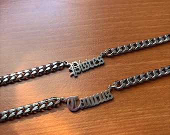 Stainless Steel Zodiac Nameplate Curb Chain Necklace