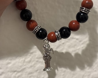 Santa Muerte Reversible Red Jasper & Obsidian Bracelet