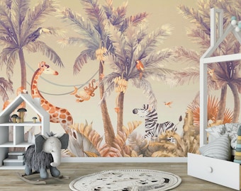 Papier peint amovible en tissu Safari enfants girafes, palmiers zèbres, papier peint autocollant Animaux tropicaux avec papier peint