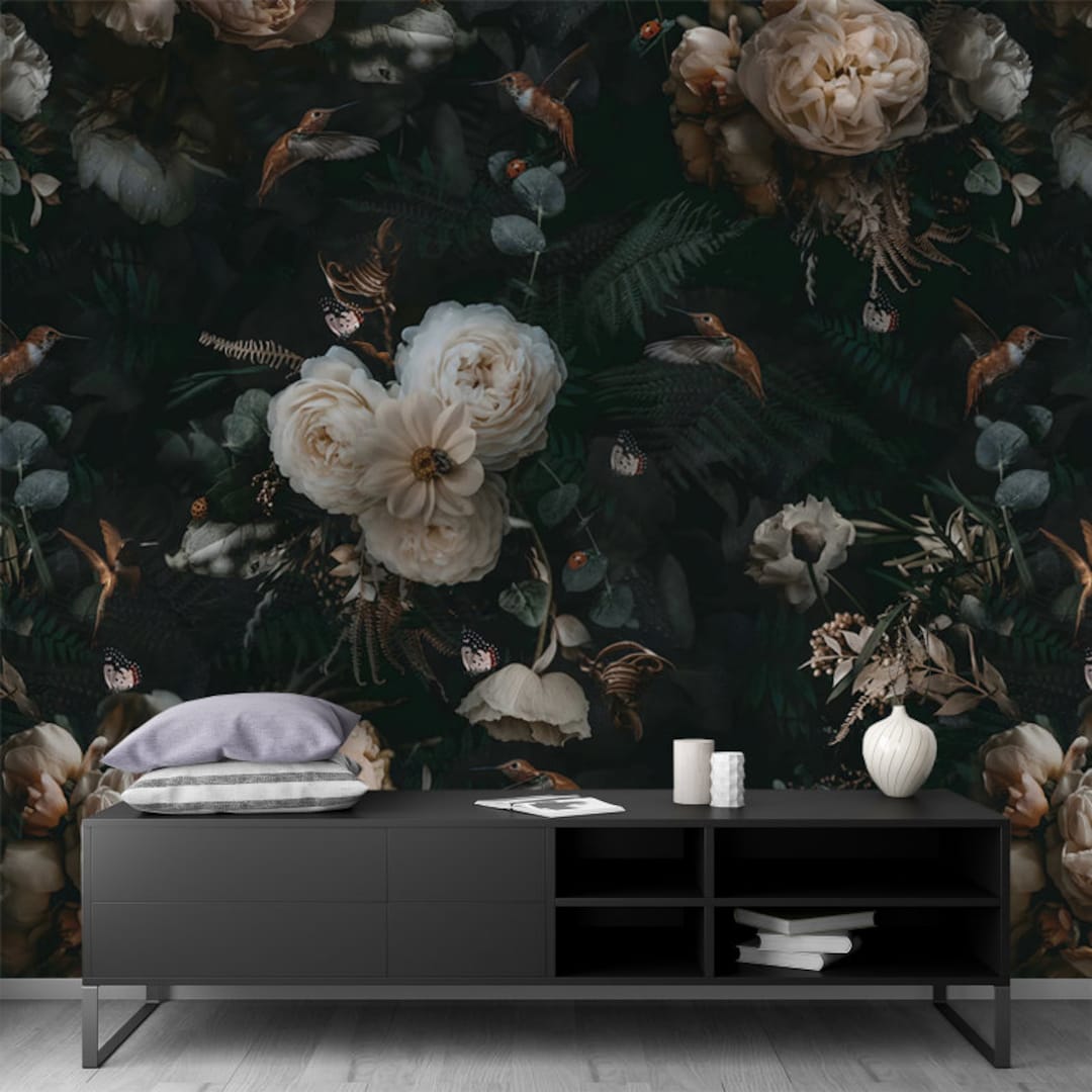 Dark Floral Wallpaper Mural, Peel and Stick Removable Fabric Vintage