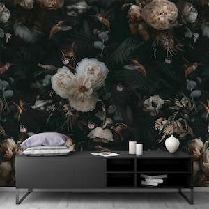 Dark Floral Wallpaper Mural: Vintage Botanical Peel and Stick Fabric