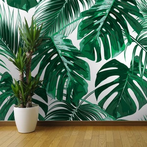 Tropical palm leaves Removable Wallpaper-Peel and Stick Wallpaper-Natural leaves Wall Mural- Self Adhesive for Living Room