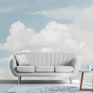 blue sky white cloud wallpaper clouds wall mural nursery wall decor bedroom wallpaper, peel and stick, self-adhesive removable fabric