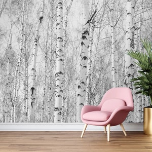 Foresta di betulle in bianco e nero nella nebbia Carta da parati rimovibile, autoadesiva, stacca e attacca, murale da parete con albero di betulla, decorazione da parete con paesaggio autunnale