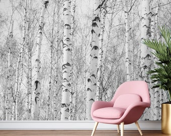 Black and White Birch forest in fog Removable wallpaper ,Self Adhesive ,Peel and Stick, Birch tree wall Mural, Autumn landscape wall decor