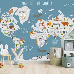 Weltkarte Wandbild, Kinder Karte mit Tier Karte Tapete, Kinderzimmer Wand kunst abnehmbare Tapete selbstklebend Geografie Dekor Peel and Stick