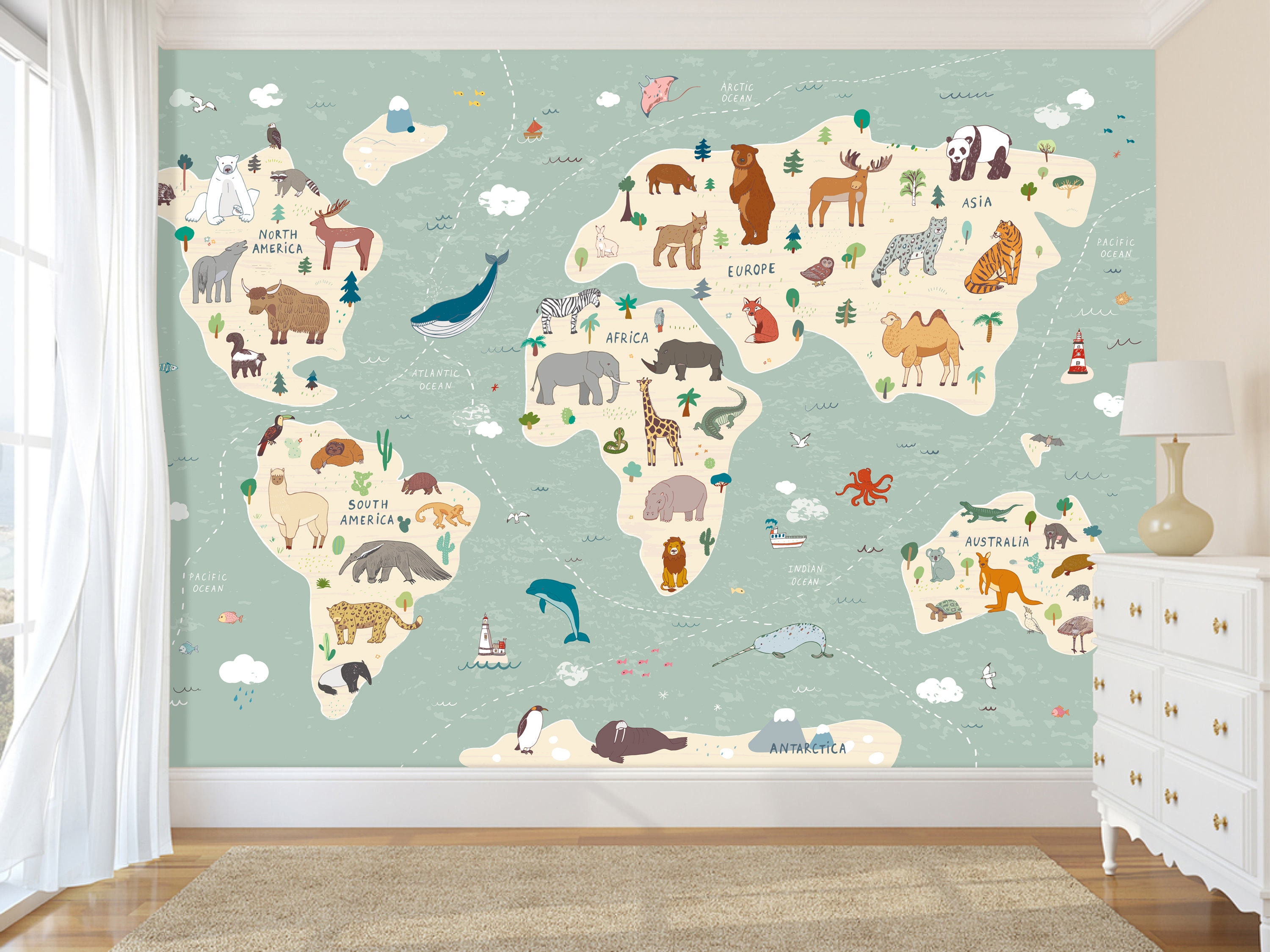 Animal World Map Wallpaper Mural: Peel and Stick Kids Room Decor - Etsy