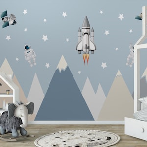 montagne razzi e astronauti carta da parati per bambini carta da parati in tessuto rimovibile montagne murale autoadesivo staccabile e incollabile