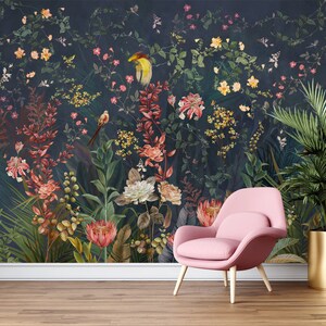 Beautiful garden flowers wallpaper mural, peel and stick removable fabric Vintage floral and birds temporary wallpaper self-adhesive