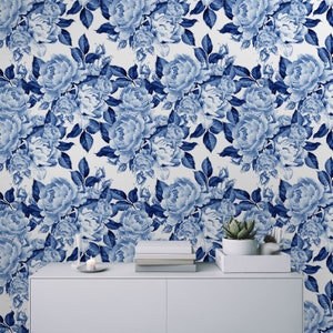 Blue Peonies Watercolor Removable Wallpaper: Chinoiserie Peel and Stick Mural