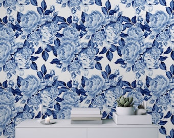 Blue Peonies Watercolor Removable Wallpaper: Chinoiserie Peel and Stick Mural