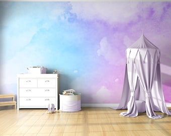 Watercolor Sky Wallpaper: Light Pink, Purple & Blue - Peel and Stick Nursery Decor
