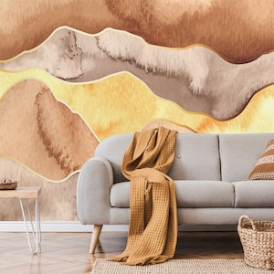 Watercolor Abstract Wave Removable Wallpaper: Brown, Beige, Yellow Mural