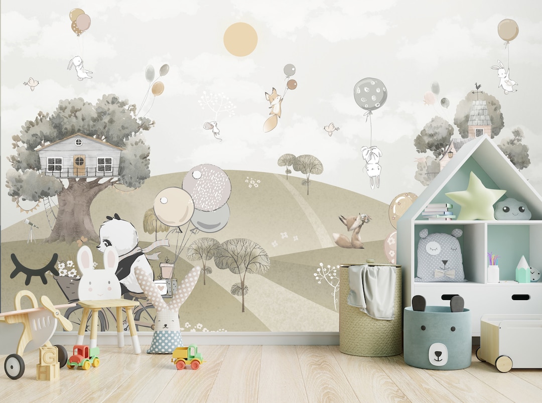 Cute Kids Watercolor Animals Nursery Peel and Stick Wall Mural - Self ...