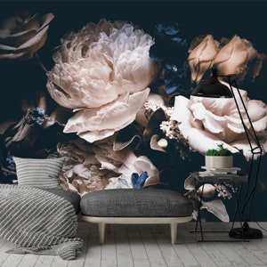 Blumenstrauß aus rosa Pfingstrosen Tapetenwandbild, Schälen und Stick entfernbares Gewebe dunklen Hintergrund Blumendekor für Wohnkultur, temporäre Tapete selbstklebend
