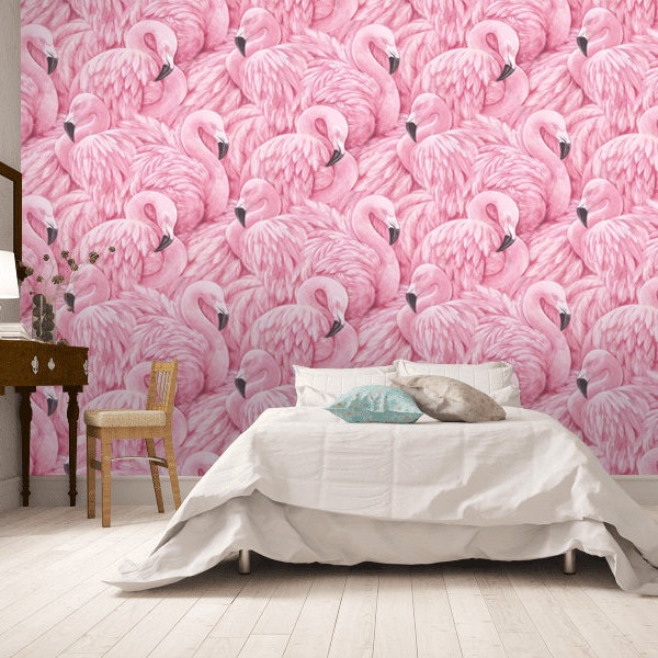 watercolour pink flamingos removable wallpaper self-adhesive peel and stick, flamingos wall mural  poster kids room nursery Wallpaper