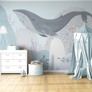 Blue Whale Wallpape Nursery Under the Sea Wall decor Removable Peel and Stick Wallpaper, Whale Wallpaper,  kids bedroom wall mural