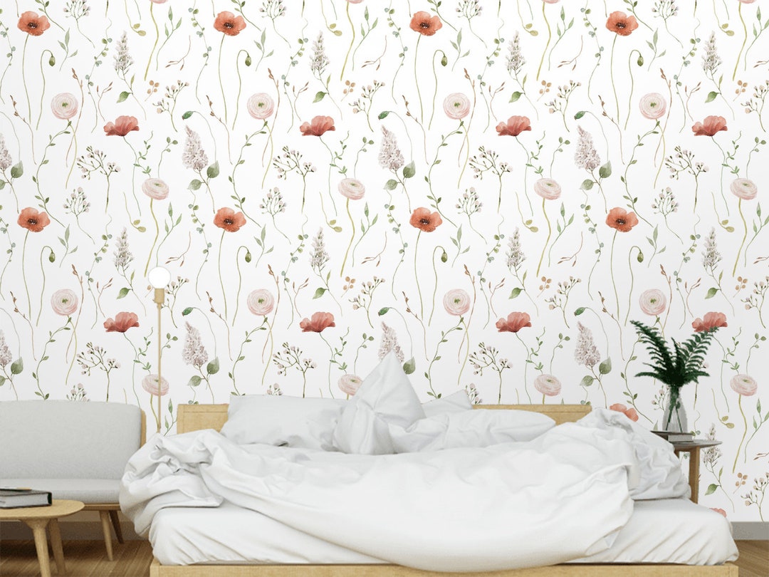Watercolor Floral Wallpaper Peel and Stick - Wild Herbs & Flowers Wall ...
