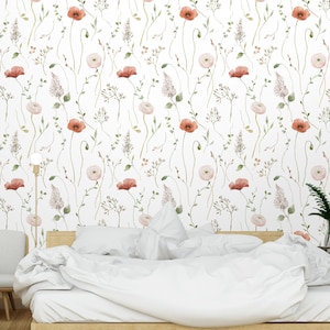 Watercolor hand draw Beautiful floral Wallpaper Peel and Stick wild herbs and flowers Wall Mural self-adhesive bedroom decorative wallpaper