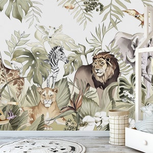 Jungle Animals Wall Mural: Tropical Nursery Wallpaper, Peel & Stick
