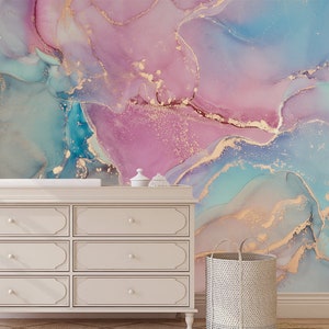 Abstract Marble Wallpaper: Blue, Purple, Pink Alcohol Ink - Peel and Stick
