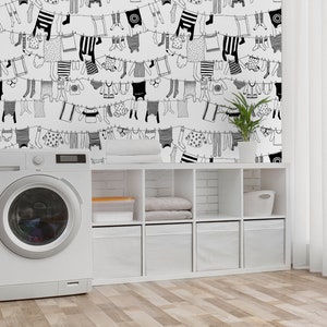 clothes on washing line Removable Fabric Wallpaper Peel and Stick Self Adhesive Laundry Room Wallpaper