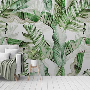 watercolor green tropical leaves Removable Wallpaper-Peel and Stick Wallpaper-banana leaves Wall Mural- Self Adhesive for Living Room