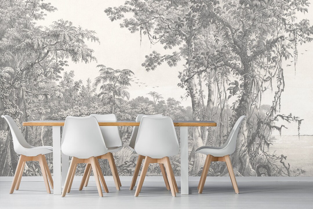 Black & White Forest Wallpaper: Retro Tree Scene Peel and Stick Mural ...