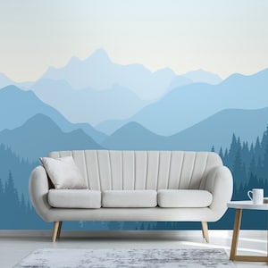 Carta da parati rimovibile con paesaggio delle montagne blu, carta da parati rimovibile con nebbia scandinava autoadesiva nelle montagne Carta da parati per bambini della scuola materna